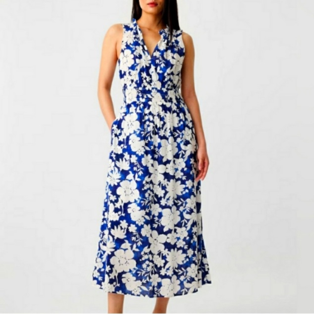 GAP Print Splitneck Maxi Dress Women’s XL Blue Floral Sleeveless Cotton Blend
